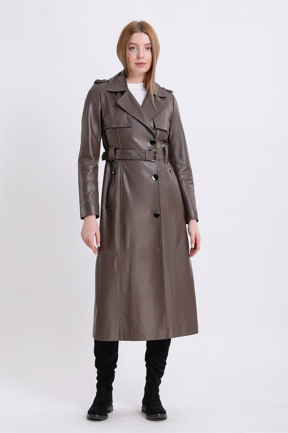 Kahve Trench Deri Kaban
