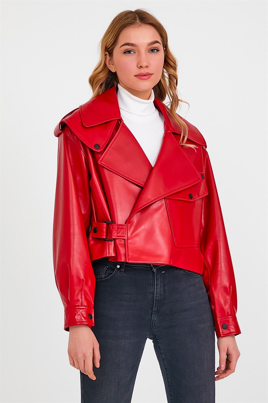 Kırmızı Crop Deri CeketCeket