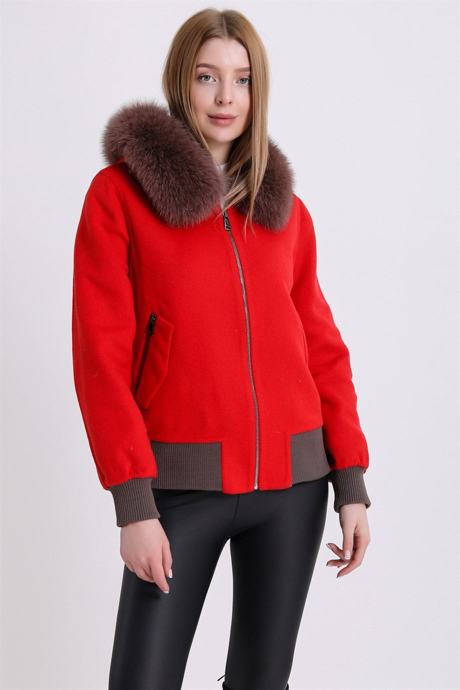 Kırmızı Tilki Aksesuarlı Alpaka Mont