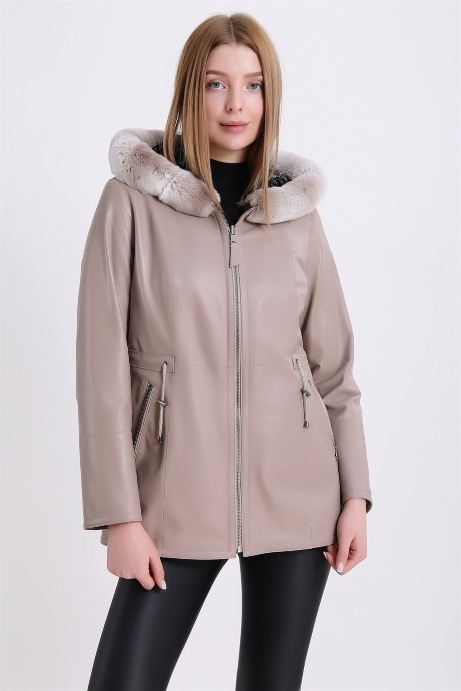 Krem Çift Taraflı Rex Aksesuarlı Deri Kaban