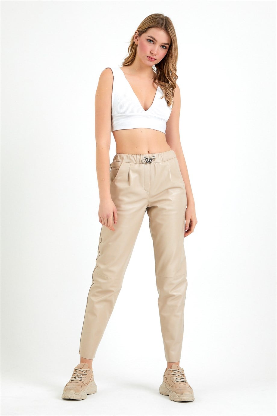 Krem Comfort Fit Deri PantolonPantolon