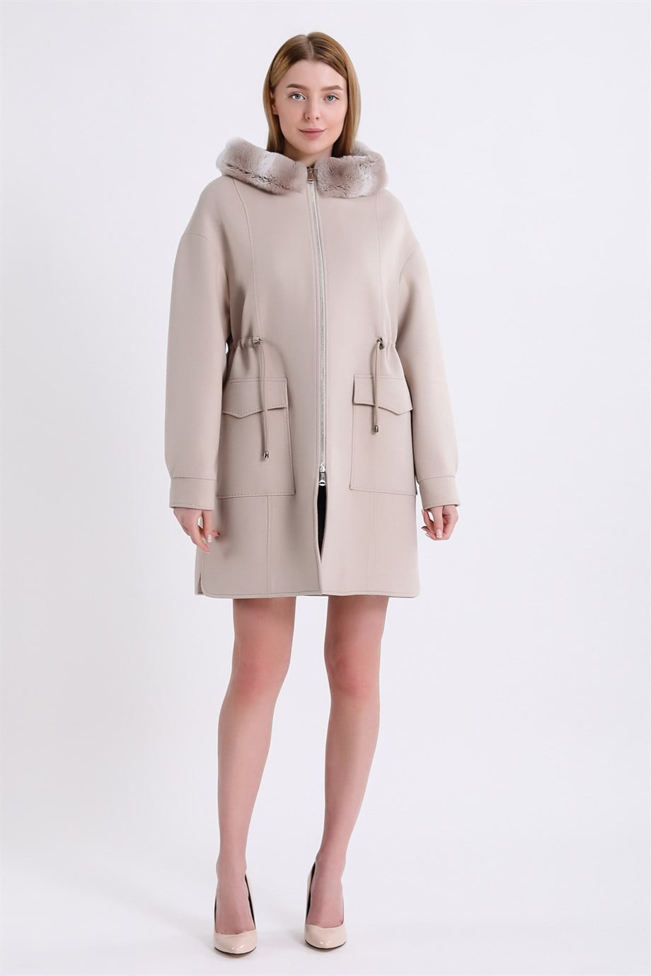 Krem Rex Aksesuarlı Kaşmir Kaban