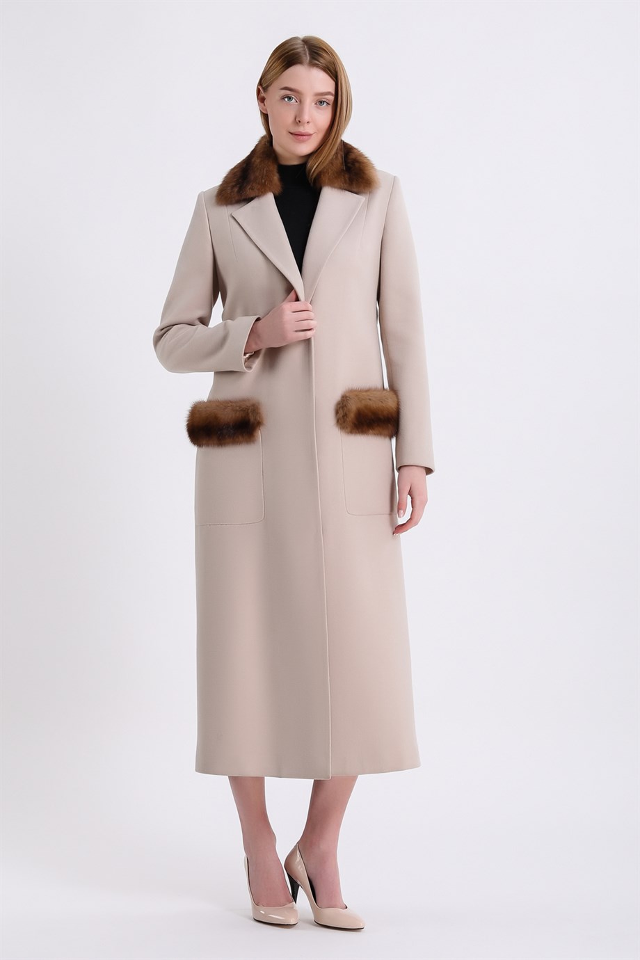 Krem Sable Aksesuarlı Kaşmir Kaban