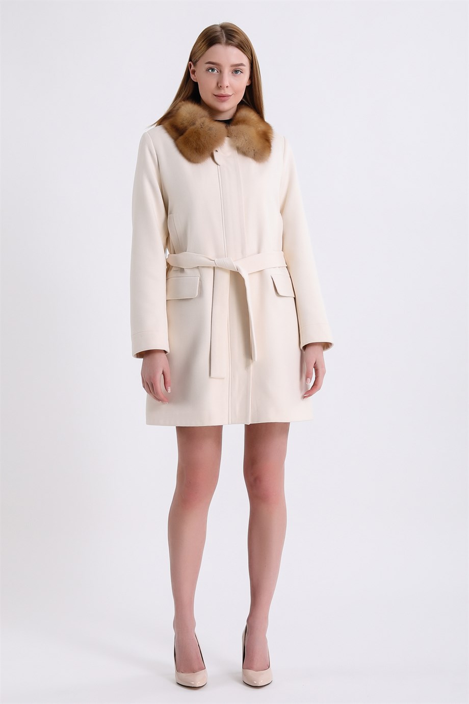 Krem Sable Aksesuarlı Krem Kaşmir Kaban