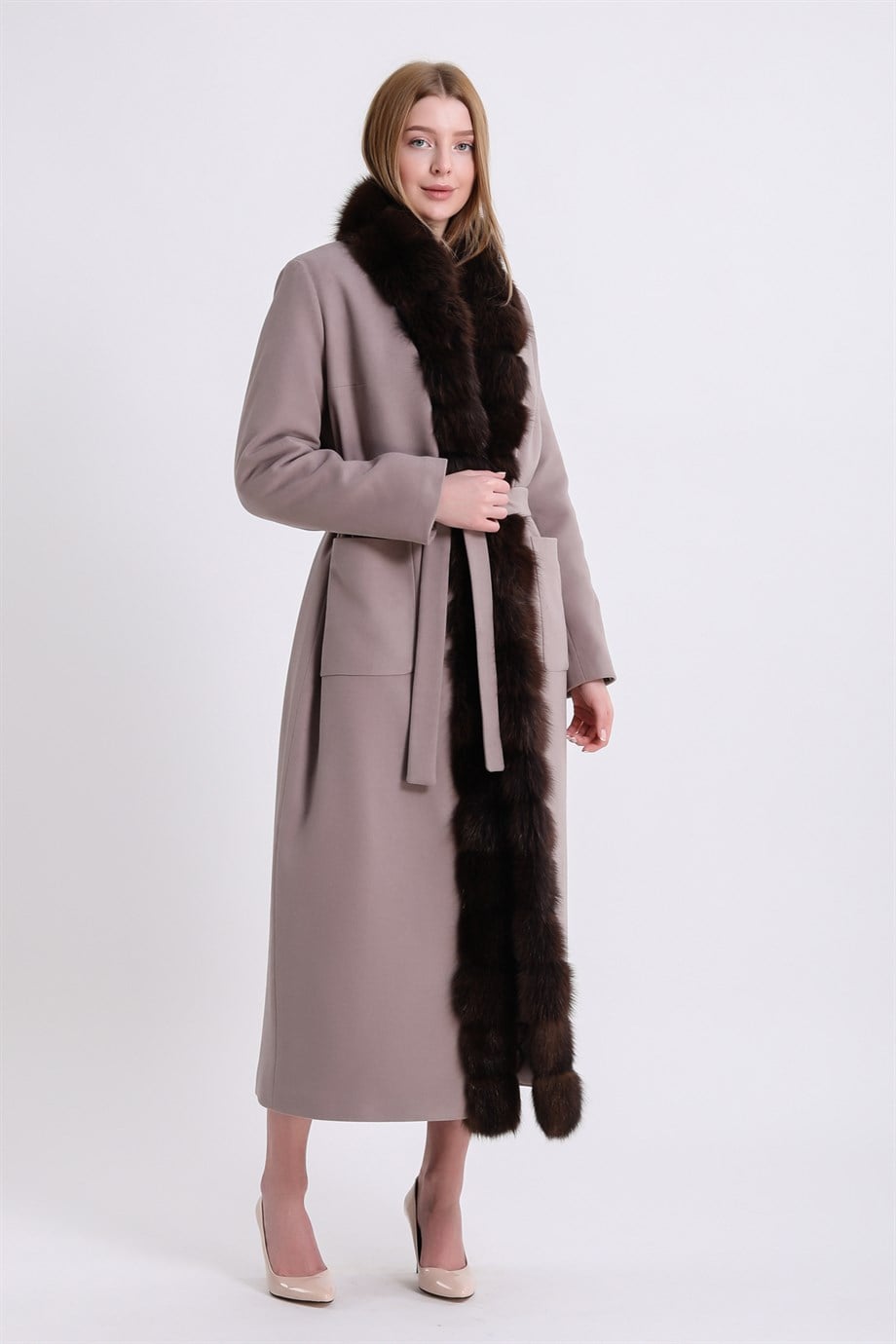 Krem Sable Kürk Aksesuarlı Çift Taraflı Kaşmir Kaban