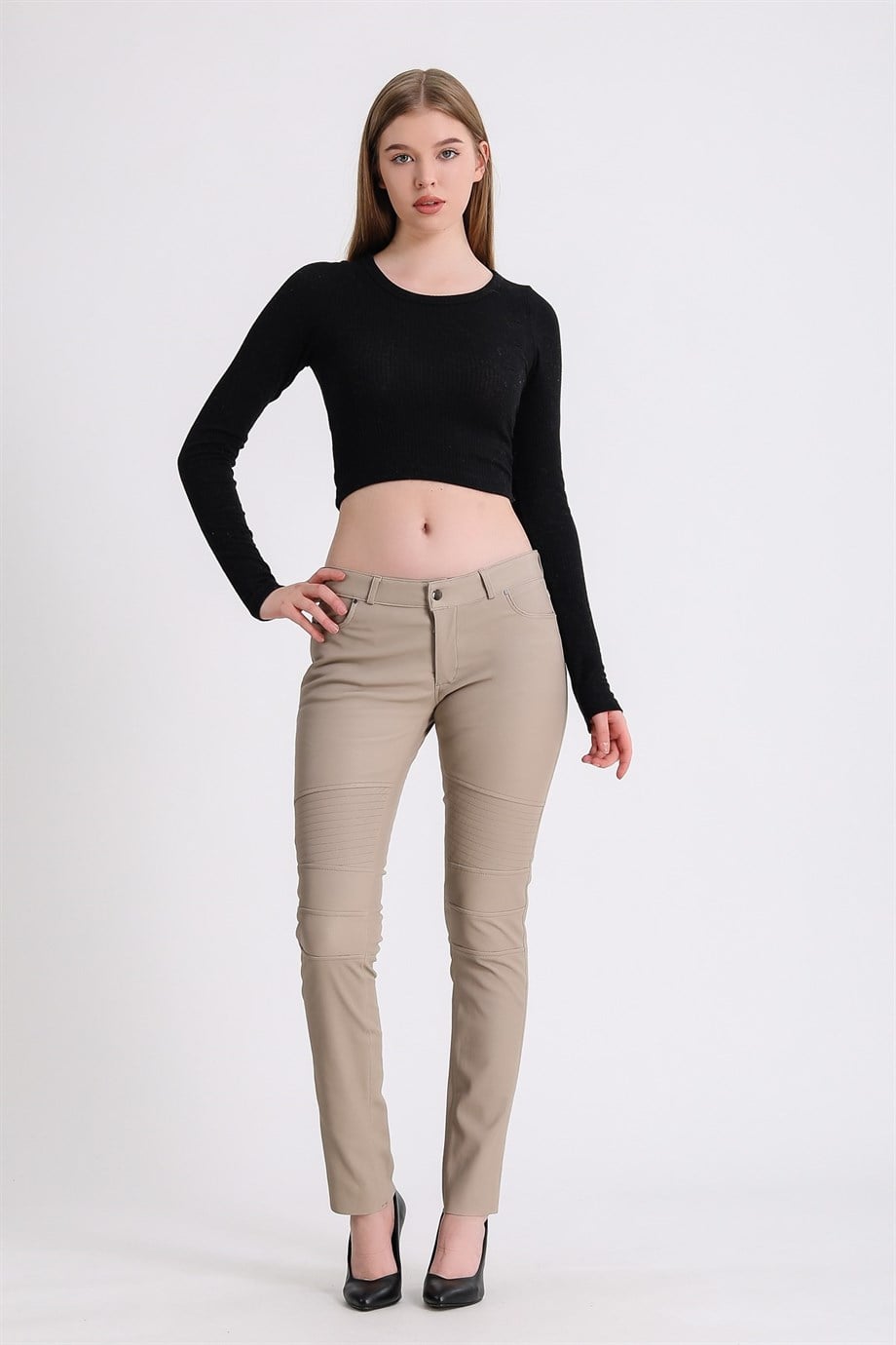 Krem Stretch Deri PantolonPantolon