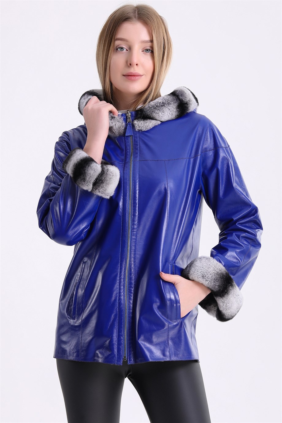 Lacivert Çift Taraflı Kapüşon Rex Kürk Aksesuarlı Deri CeketCeket