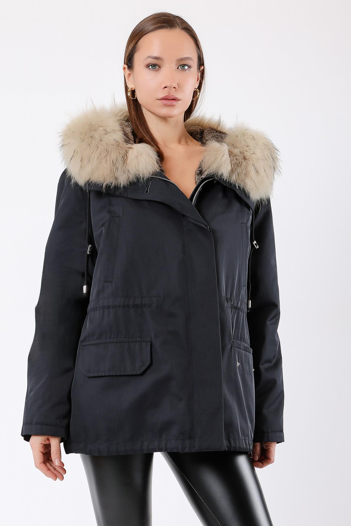 Lacivert Fox Kürk Aksesuarlı Rex İçlikli Trench KabanKaban