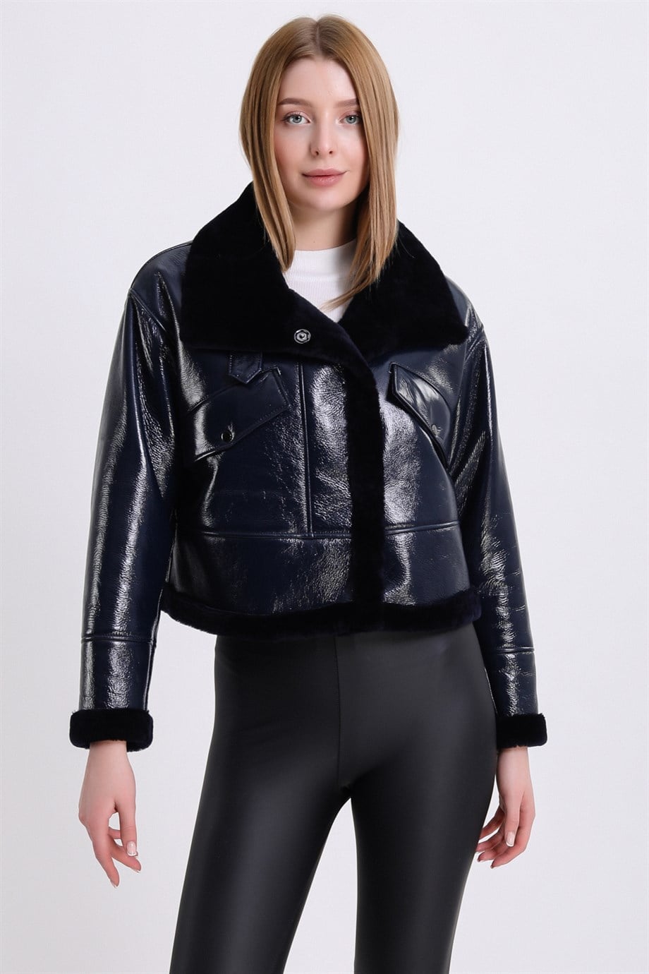 Lacivert Glam Kuzu Kürkü Ceket