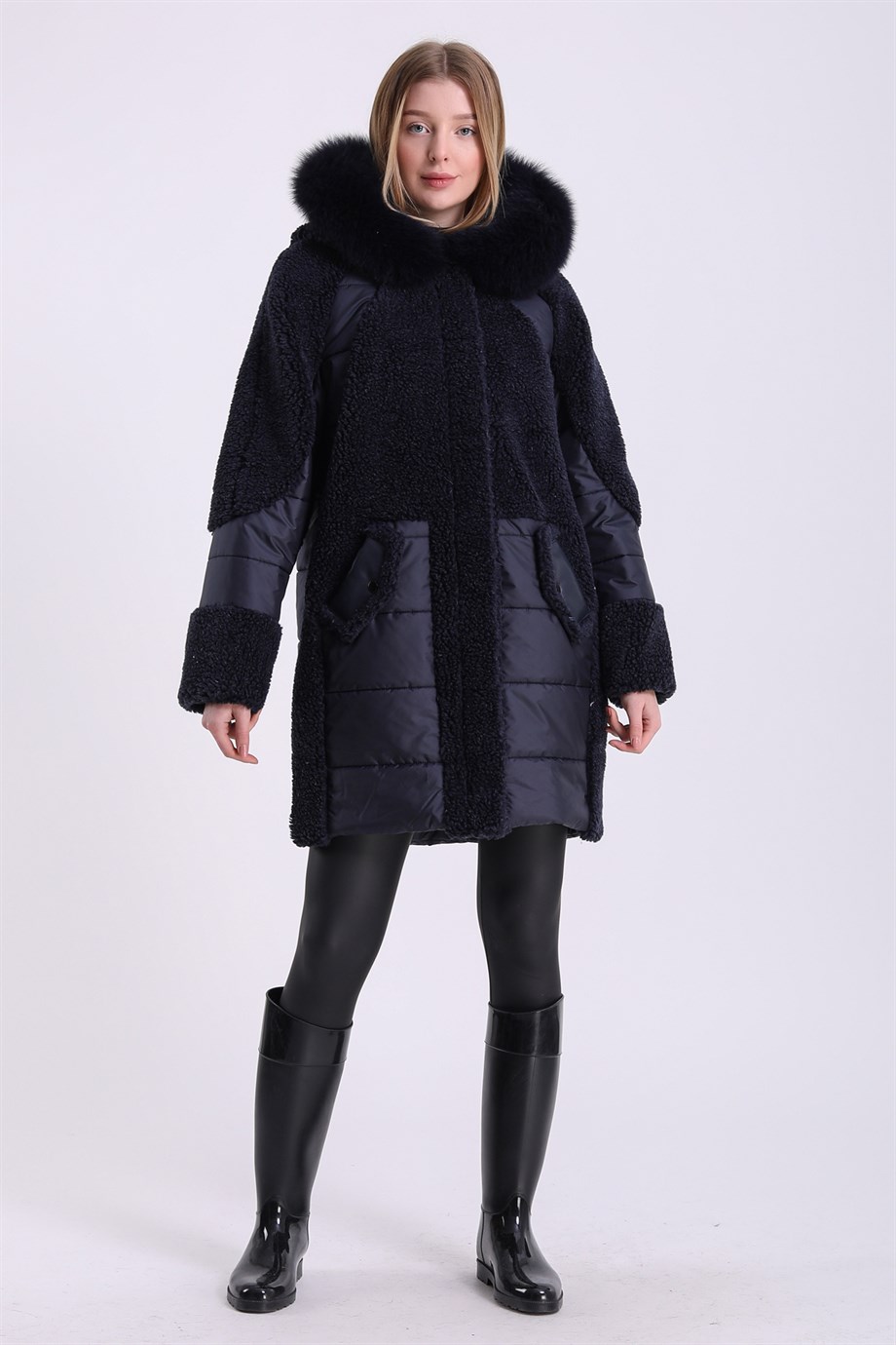 Lacivert Tilki Aksesuarlı Puffer Kaban