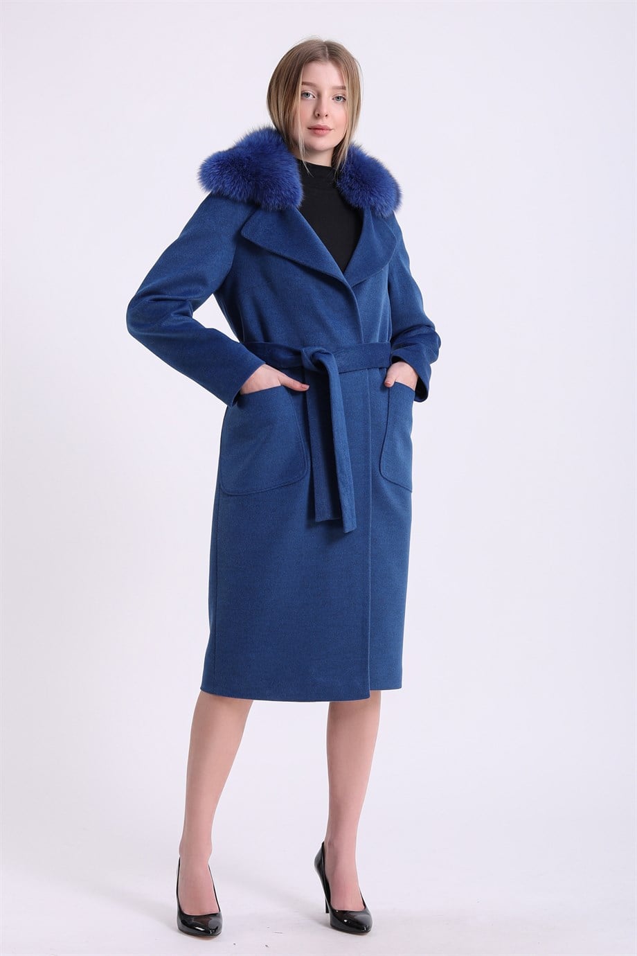 Mavi Tilki Kürk Aksesuarlı Kaşmir KabanKaban