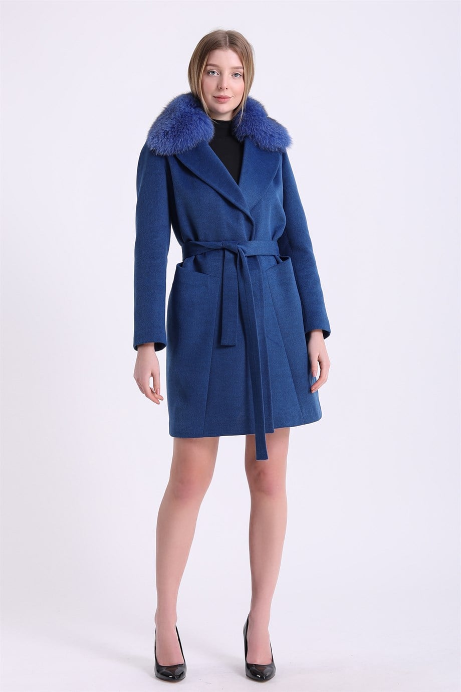 Mavi Tilki Kürk Aksesuarlı Kaşmir KabanKaban