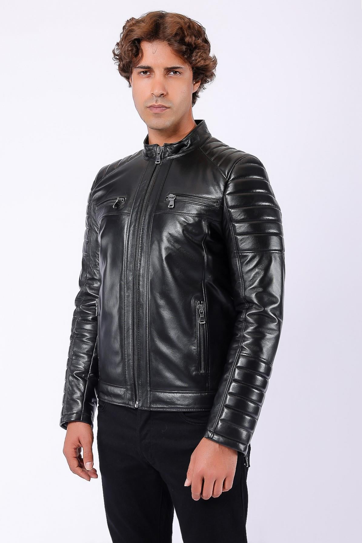 Siyah Biker Hakiki Deri CeketCeket
