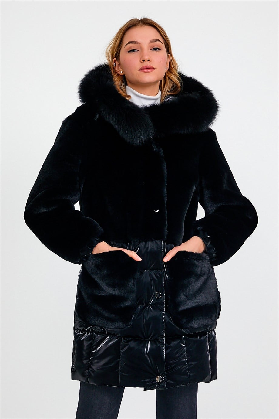 Siyah Glam Tilki Kürk Aksesuarlı Puffer KabanKaban