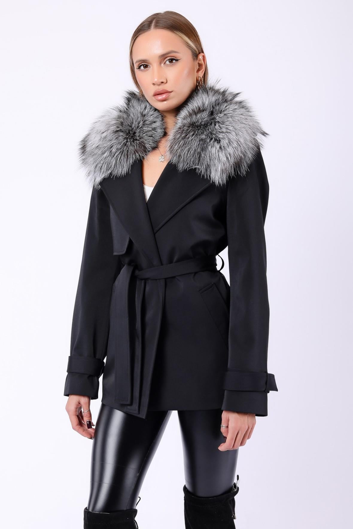 Siyah Hakiki Fox Kürk Aksesuarlı Fiber Trench KabanKaban