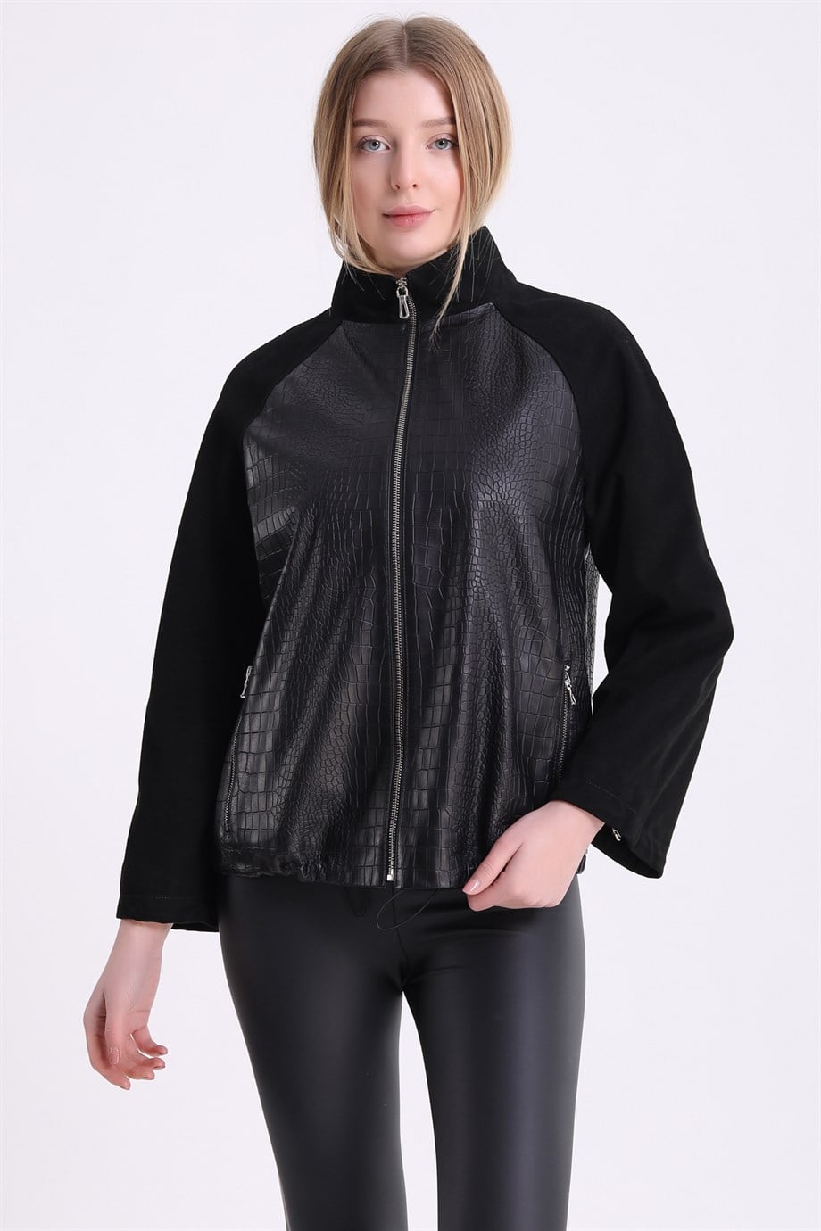 Siyah Kroko Baskılı Süet Deri CeketCeket