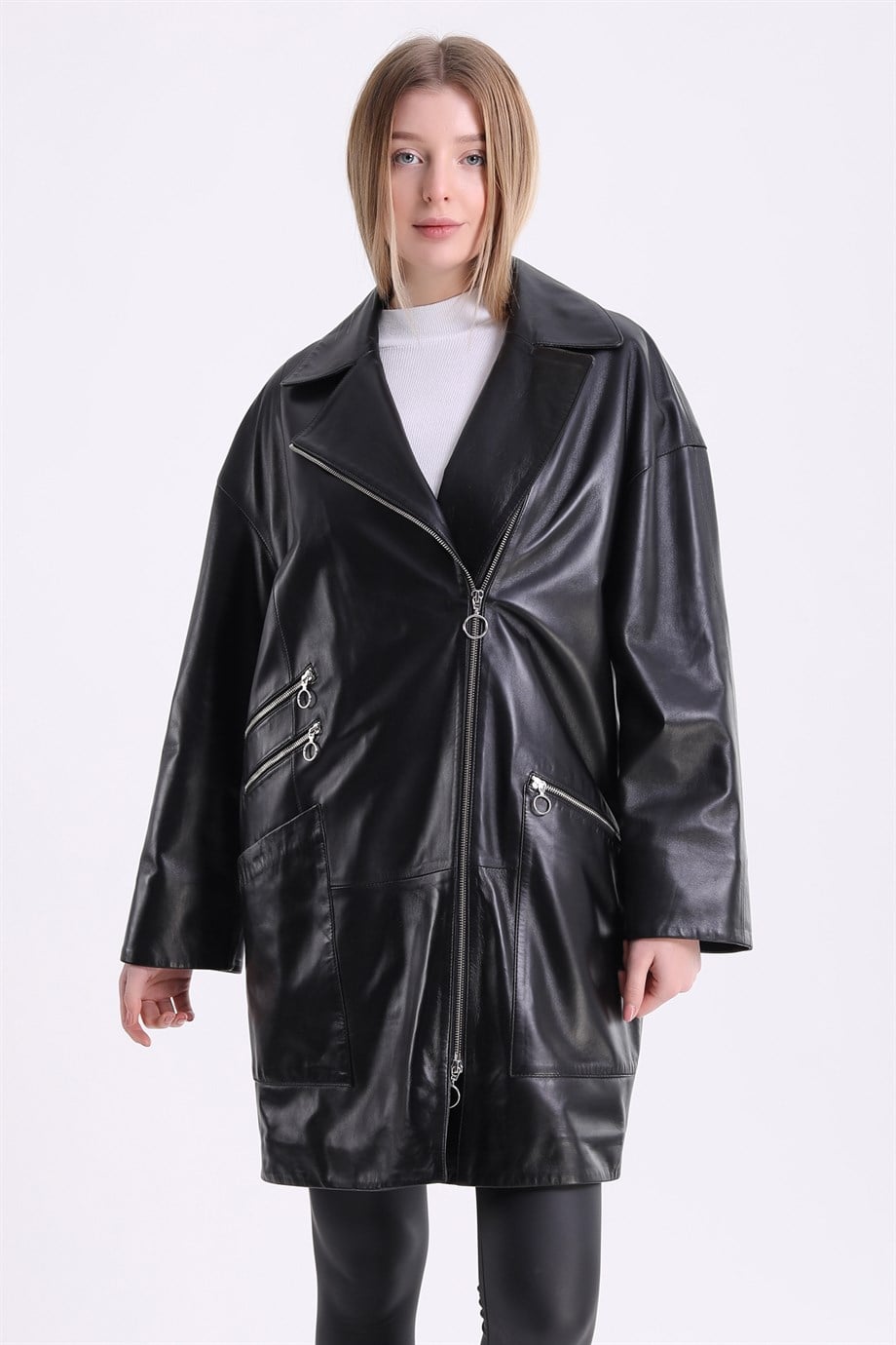 Siyah Oversize Deri KabanCeket