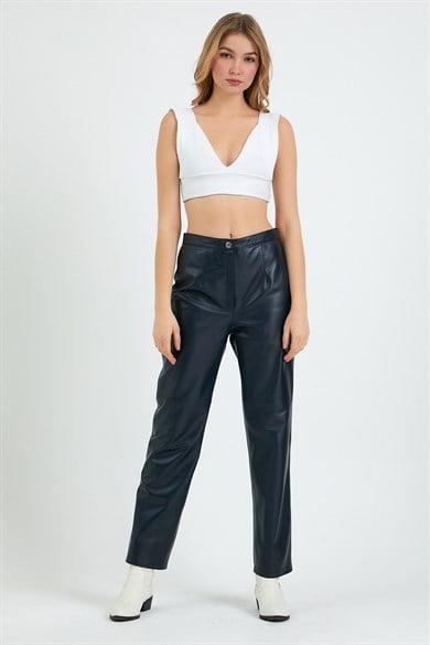 Lacivert Regular Fit Deri PantolonPantolon