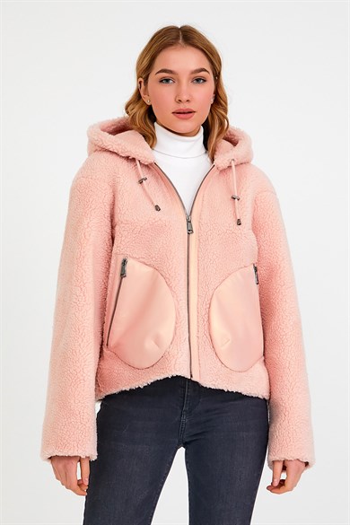 Pembe Kuzu Derisi Aksesuarlı Puffer MontMont