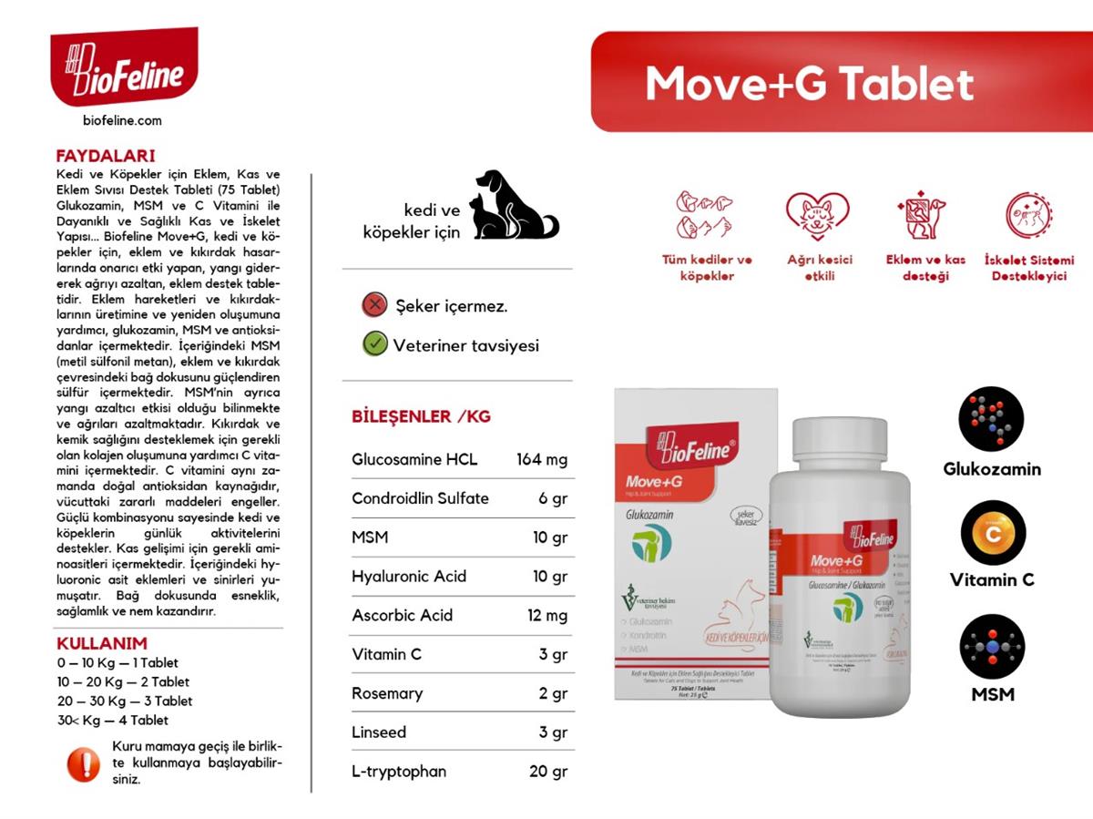 Move+G Glucosamine Tablet (Kedi Ve Köpekler İçin Bağışıklık Sistemini Güçlendiren Bağışıklık Sistemi Destek Tableti)
