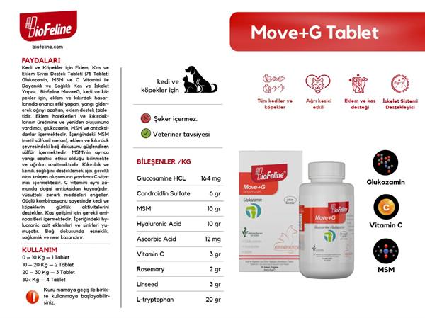 Move+G Glucosamine Tablet (Kedi Ve Köpekler İçin Bağışıklık Sistemini Güçlendiren Bağışıklık Sistemi Destek Tableti)