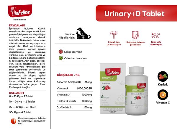 Urinary+D Tablet (Kedi Ve Köpekler İçin İdrar Yolu Düzenleyen Bağışıklık Sistemi Güçlendirici Tablet)