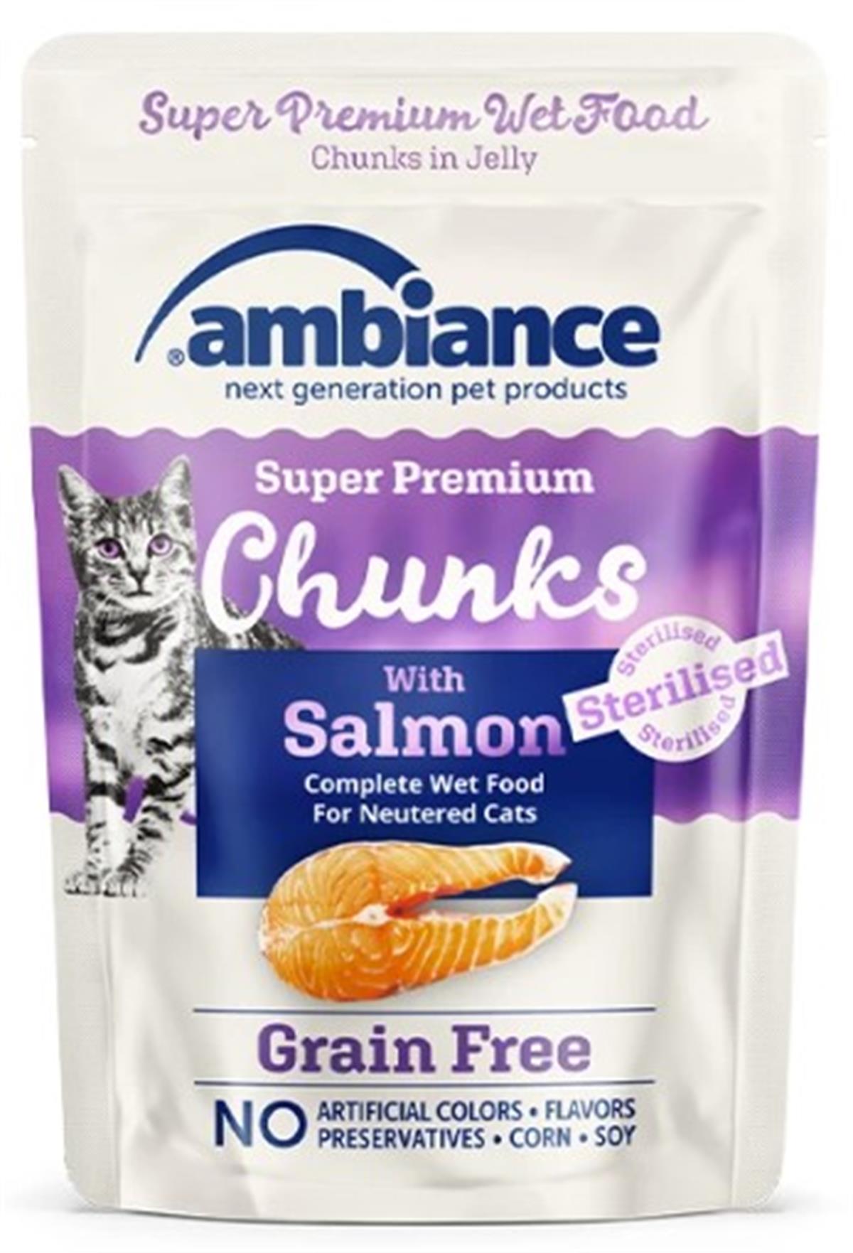 AmbianceAmbiance Kısırlaştırılmış Kediler İçin Jöle İçinde Parça Somon Etli Yaş Mama 85 gr