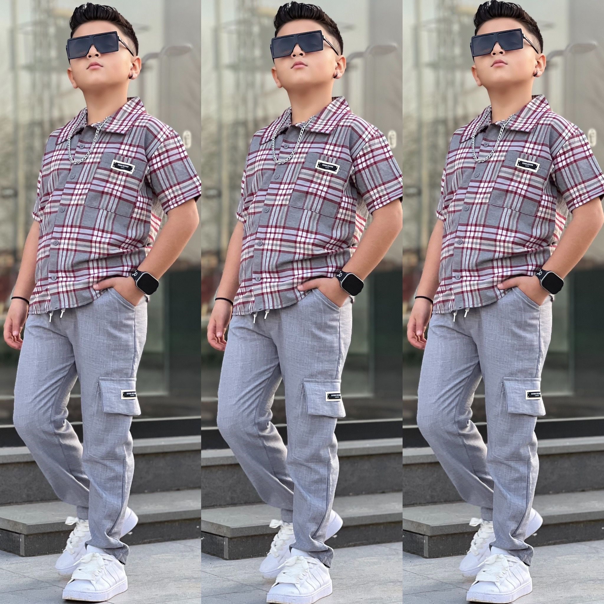Erkek Çocuk  Keten Gömlekli Takım Gri Ekoseli-Erkek Çocuk Alt Üst Takım-Bebegimindolabinda.com