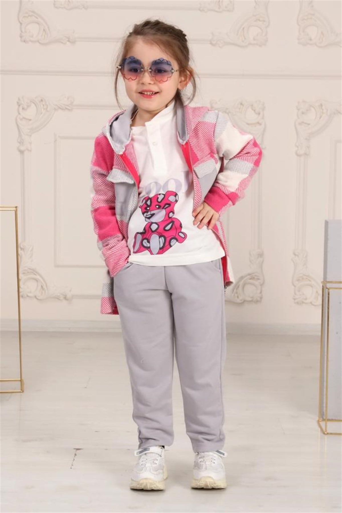 Kız Çocuk 3'lü İki İp Ekose Gömlekli Takım Pembe-Kız Çocuk Alt Üst Takım-Bebegimindolabinda.com