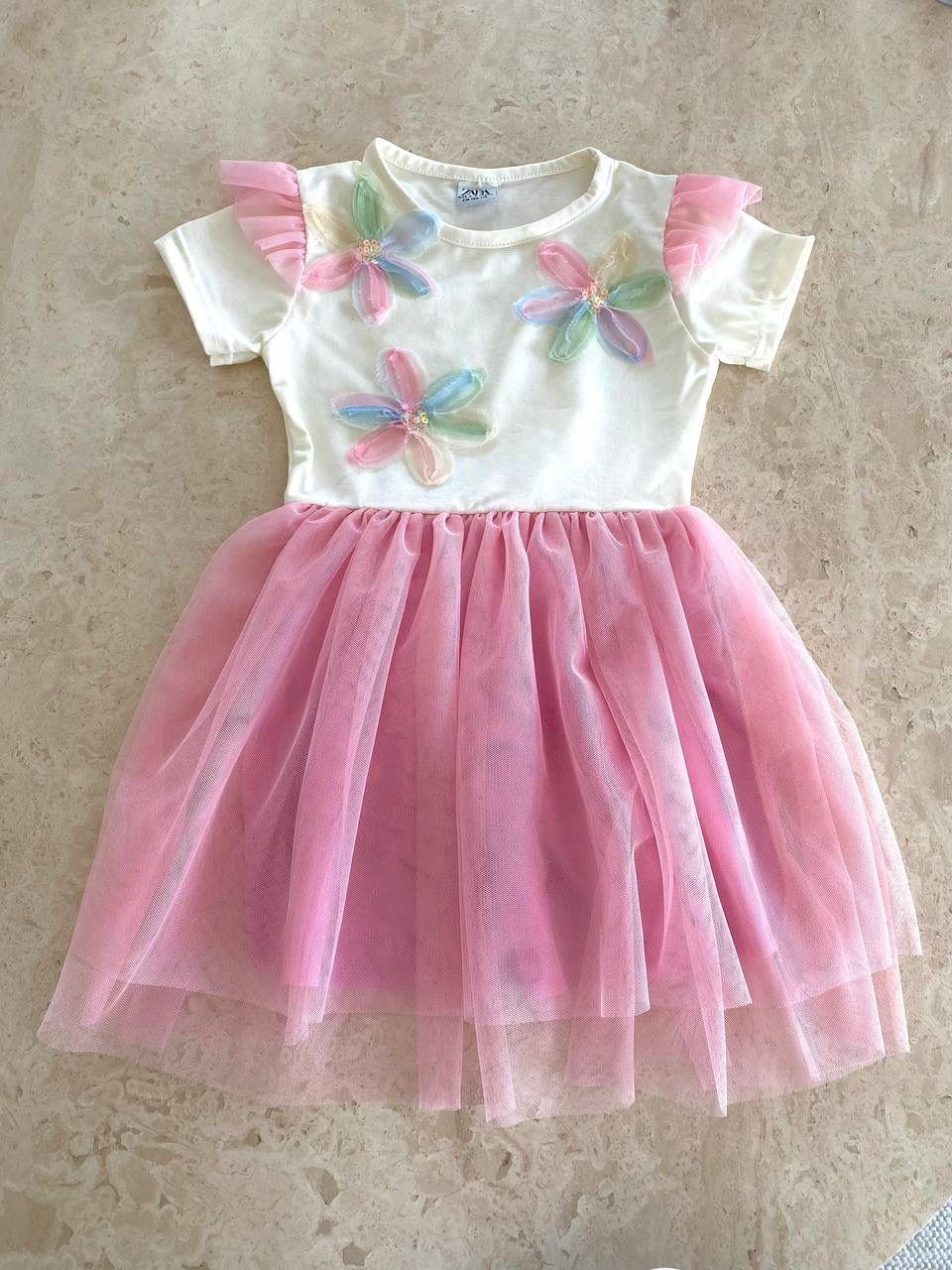 Kız Çocuk Çiçek Detaylı Tüllü Elbise Pembe-Kız Çocuk Elbise-Bebegimindolabinda.com