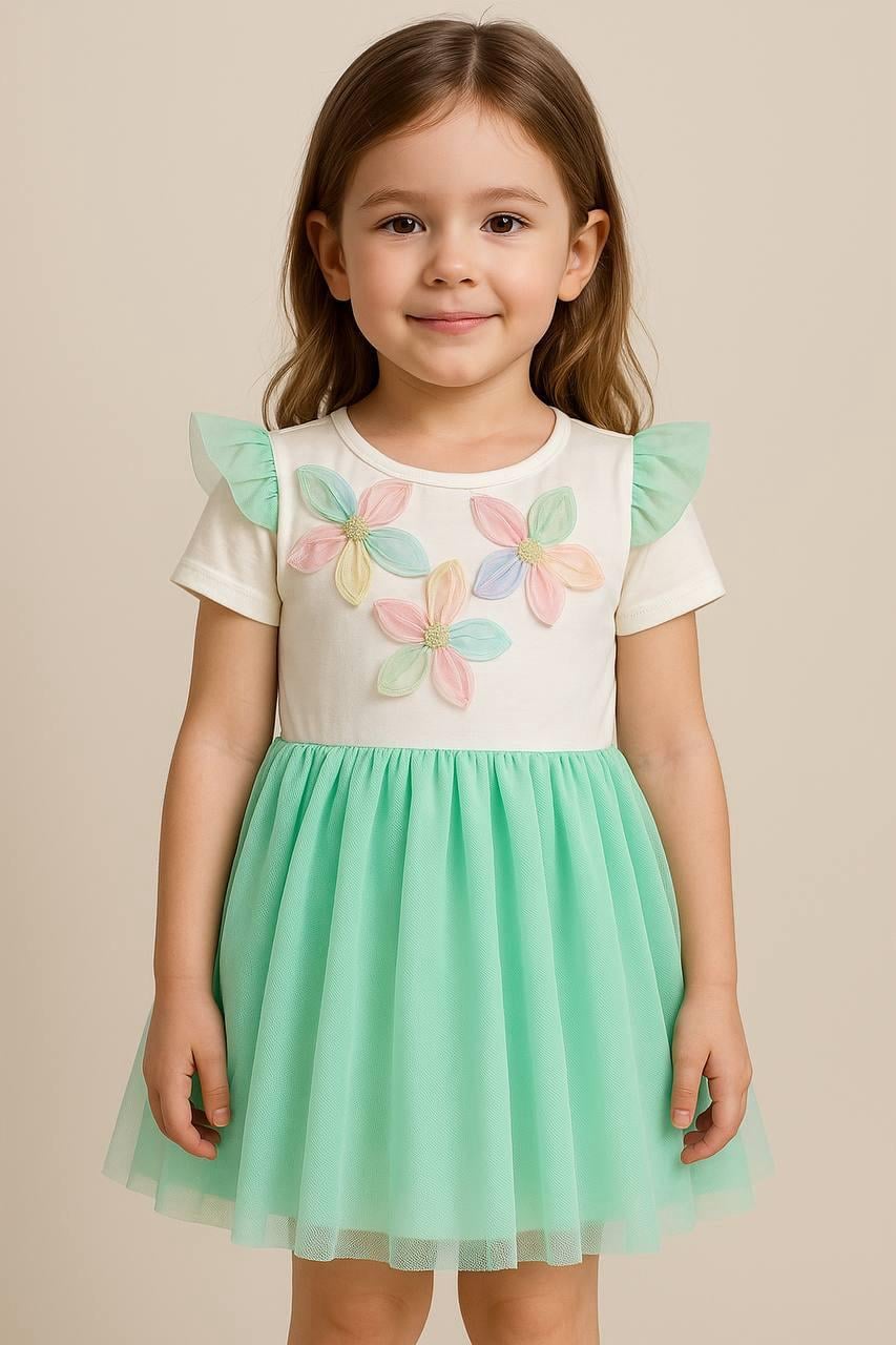Kız Çocuk Çiçek Detaylı Tüllü Elbise Yeşil-Kız Çocuk Elbise-Bebegimindolabinda.com