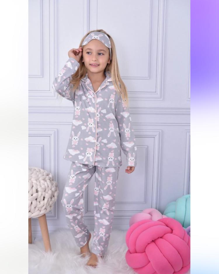 Kız Çocuk Gri Bulut Figürlü Pijama Takımı-Kız Çocuk Alt Üst Takım-Bebegimindolabinda.com