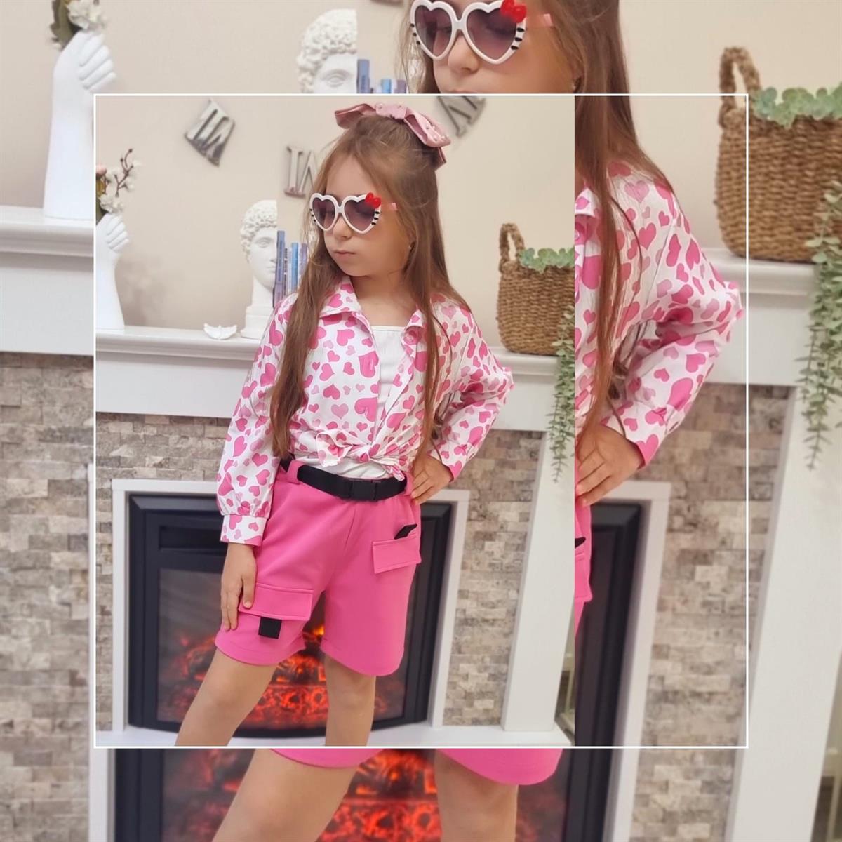 Kız Çocuk Pembe Şortlu Gömlekli 3'lü Takım-Kız Çocuk Alt Üst Takım-Bebegimindolabinda.com
