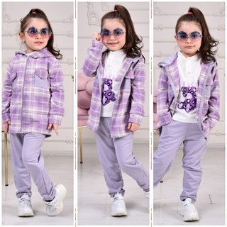 Kız Çocuk 3'lü İki İp Ekose Gömlekli Takım Lila-Kız Çocuk Alt Üst Takım-Bebegimindolabinda.com