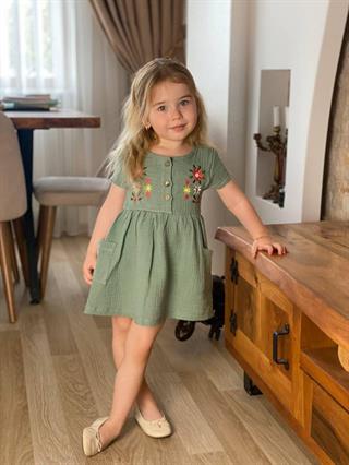 Kız Çocuk Bohem Elbise Yeşil Renk-Kız Çocuk Elbise-Bebegimindolabinda.com