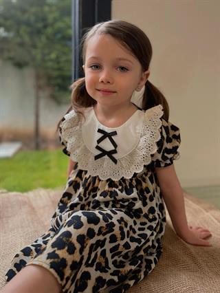 Kız Çocuk Leopar Desenli Yakası Güpür Detaylı Elbise-Kız Çocuk Elbise-Bebegimindolabinda.com