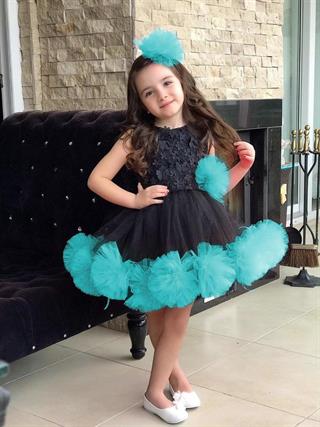 Kız Çocuk Siyah Yeşil Etekleri Güllü Abiye Elbise-Kız Çocuk Elbise-Bebegimindolabinda.com