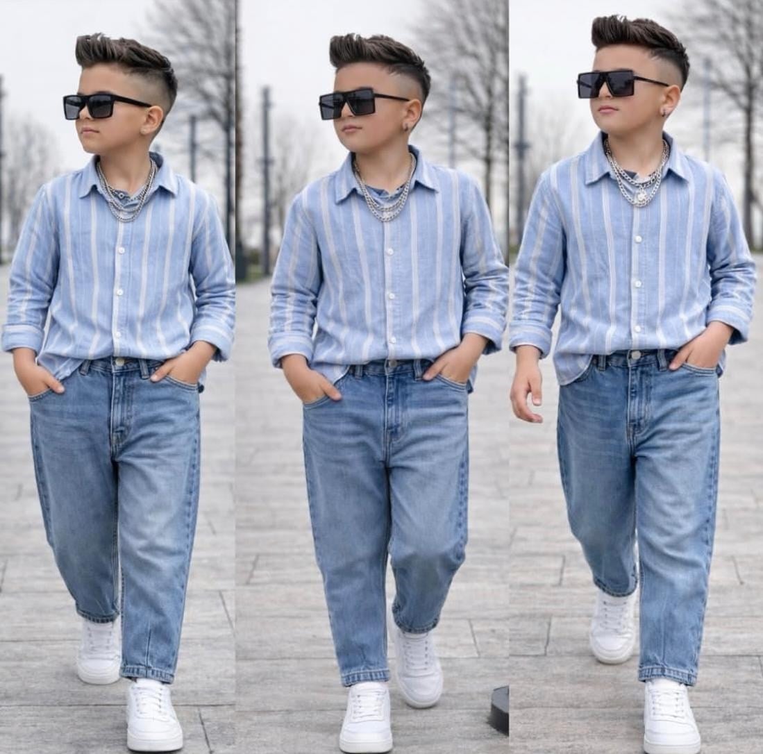 Erkek Çocuk Kot Pantolonlu Keten Gömlekli Takım-Erkek Çocuk Alt Üst Takım-Bebegimindolabinda.com