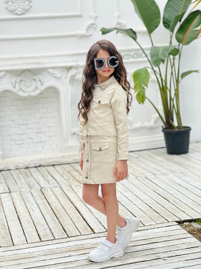 Kız Çocuk 2 li Gabardin Etekli Takım  Krem-Kız Çocuk Alt Üst Takım-Bebegimindolabinda.com