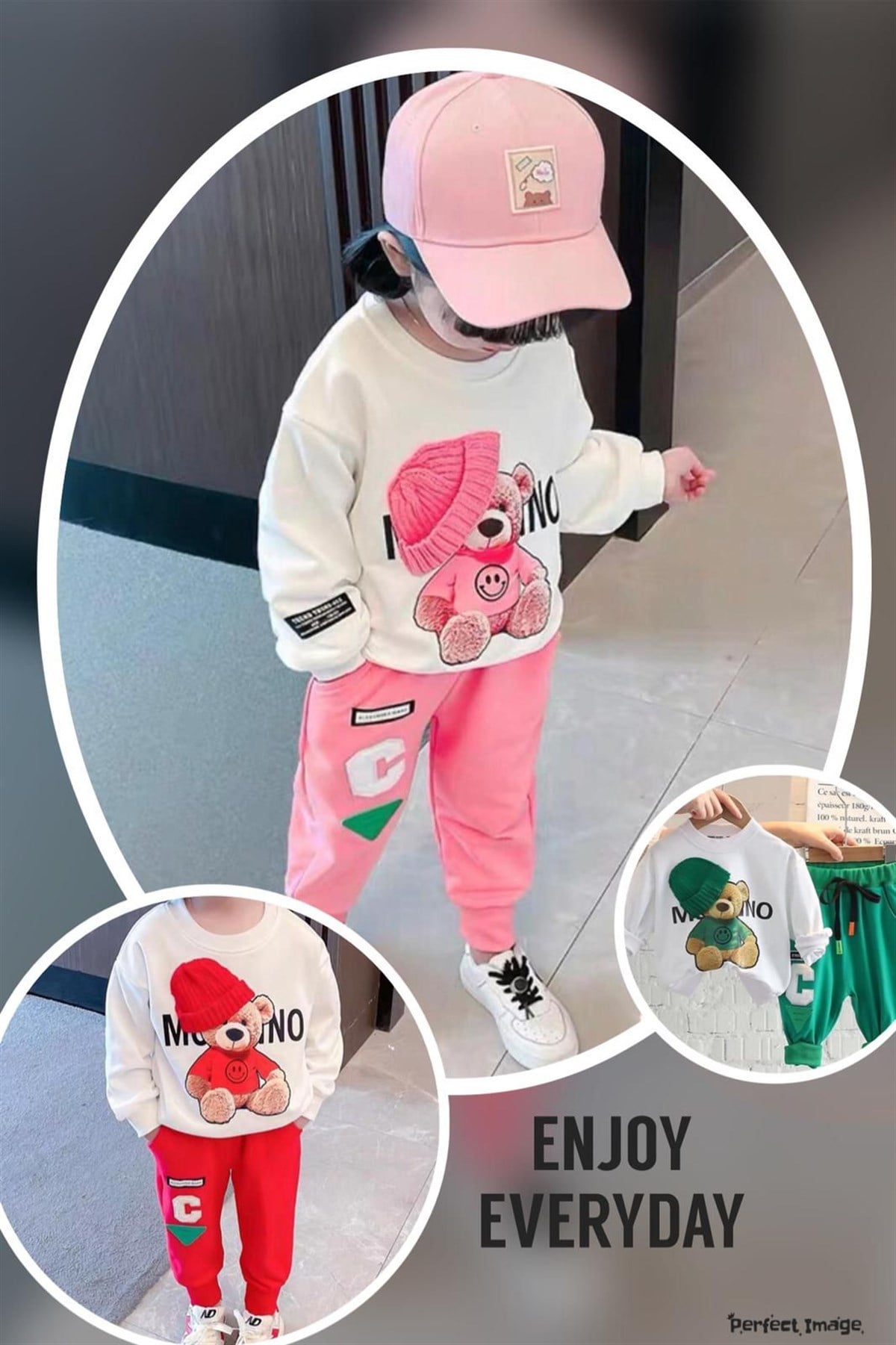 Kız Çocuk 2'li Bere Figürlü Pembe Eşofman Takımı-Kız Çocuk Alt Üst Takım-Bebegimindolabinda.com