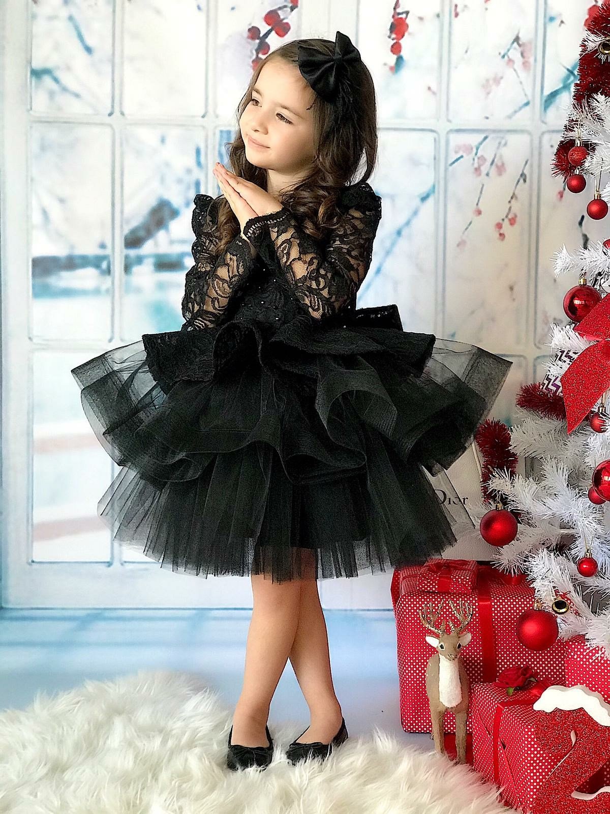 Kız Çocuk Abiye Elbise Güpürlü Siyah - BebegiminDolabinda.com