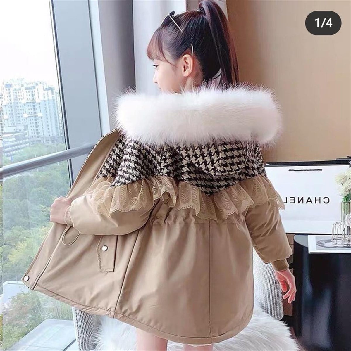 Kız Çocuk Bondit Kumaş Ekoseli Mont Krem-Kız Çocuk Tek Alt & Üst-Bebegimindolabinda.com