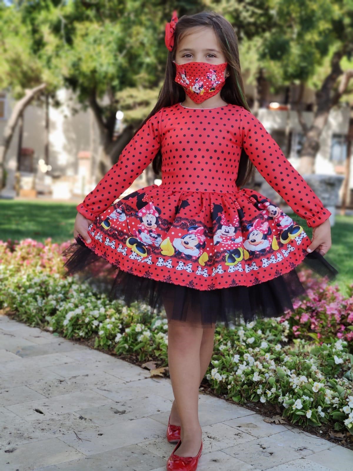Kız Çocuk Kırmızı Miki Figürlü Elbise - BebegiminDolabinda.com