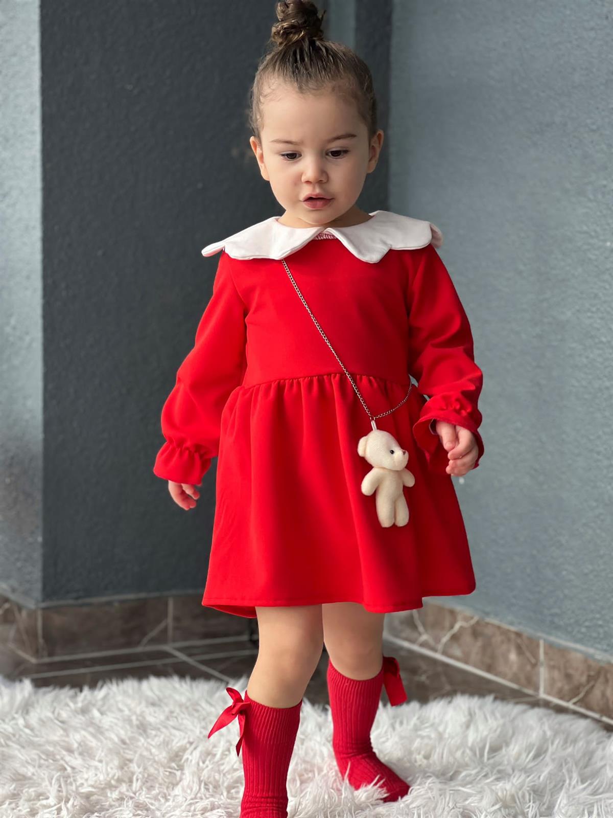 Kız Çocuk Kırmızı Uzun Kollu Ayıcıklı Elbise - BebegiminDolabinda.com
