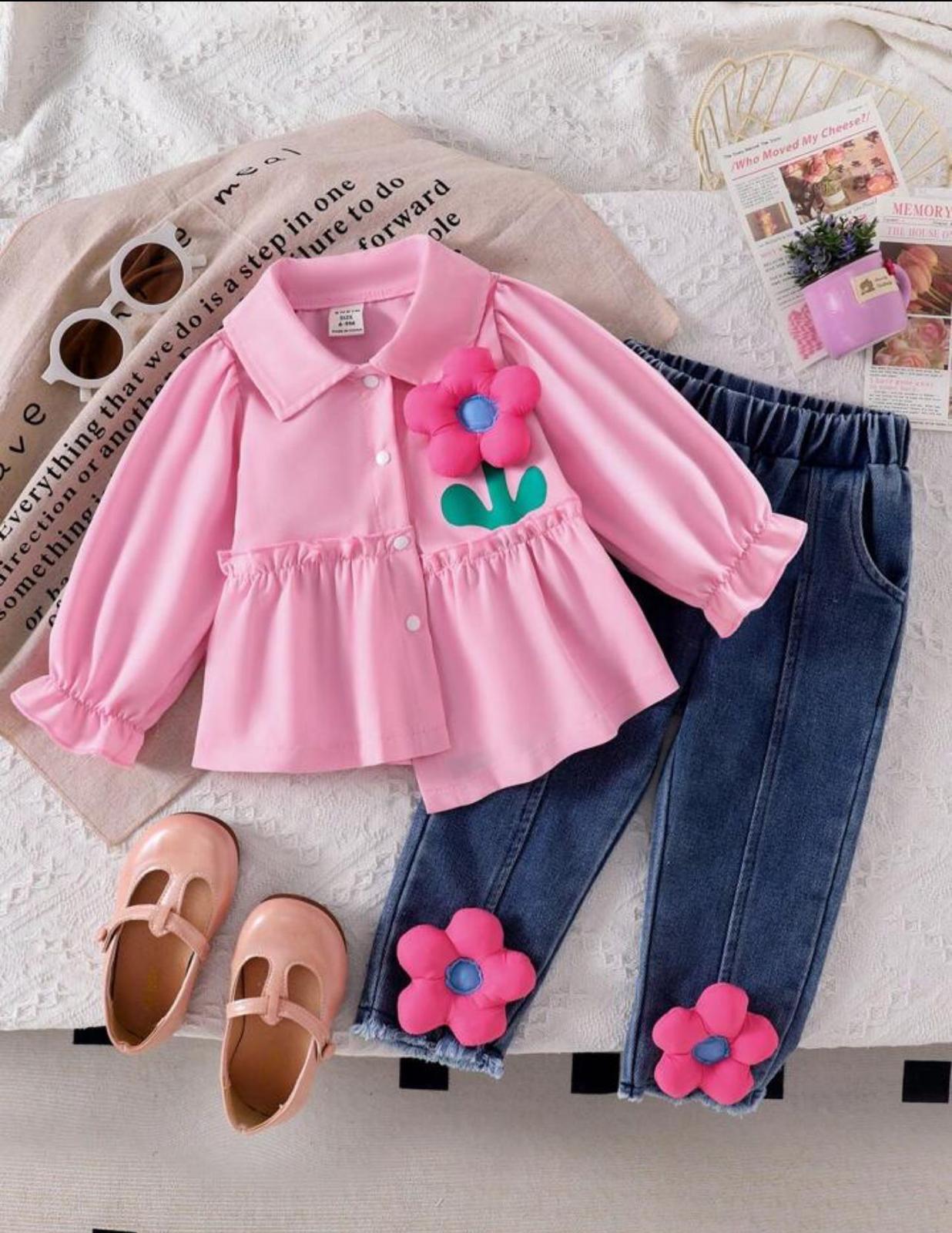 Kız Çocuk Papatyalı Kot Pantolonlu Takım Pembe ÖN SİPARİŞ ÜRÜNÜDÜR (10 MART TESLİMATLIDIR)-Kız Çocuk Alt Üst Takım-Bebegimindolabinda.com
