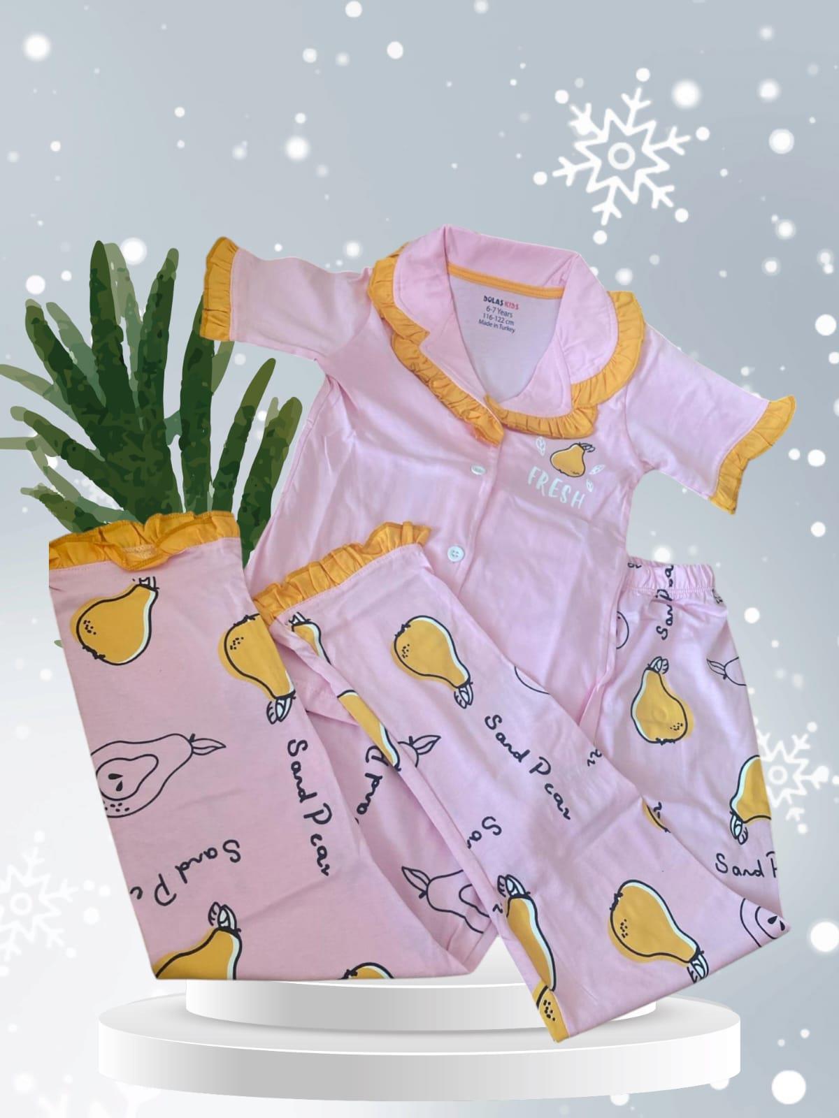 Kız Çocuk Pembe Meyveli Figürlü Pijama Takımı-Kız Çocuk Alt Üst Takım-Bebegimindolabinda.com