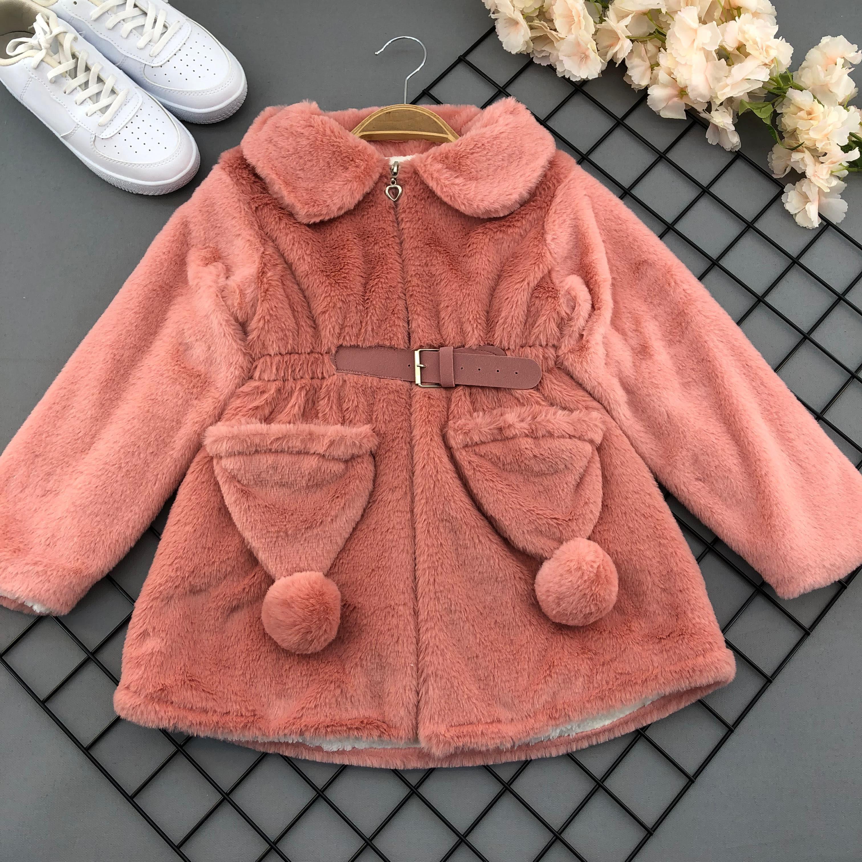 Kız Çocuk Pudra Tavşan Kürklü Mont-Kız Çocuk Mont-Bebegimindolabinda.com
