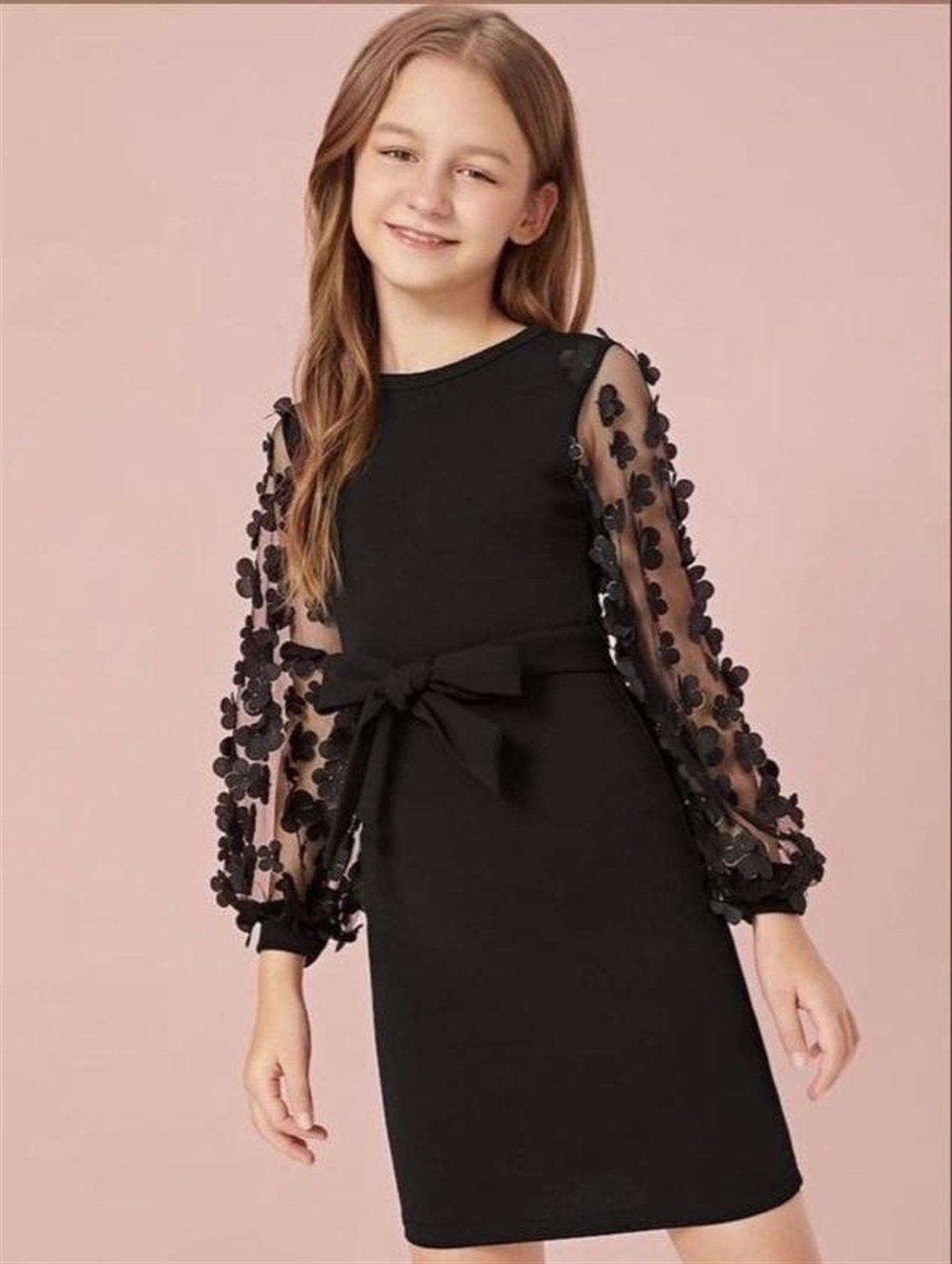 Kız Çocuk Siyah İnterlok Kolları Çiçek Güpürlü Elbise -  BebegiminDolabinda.com