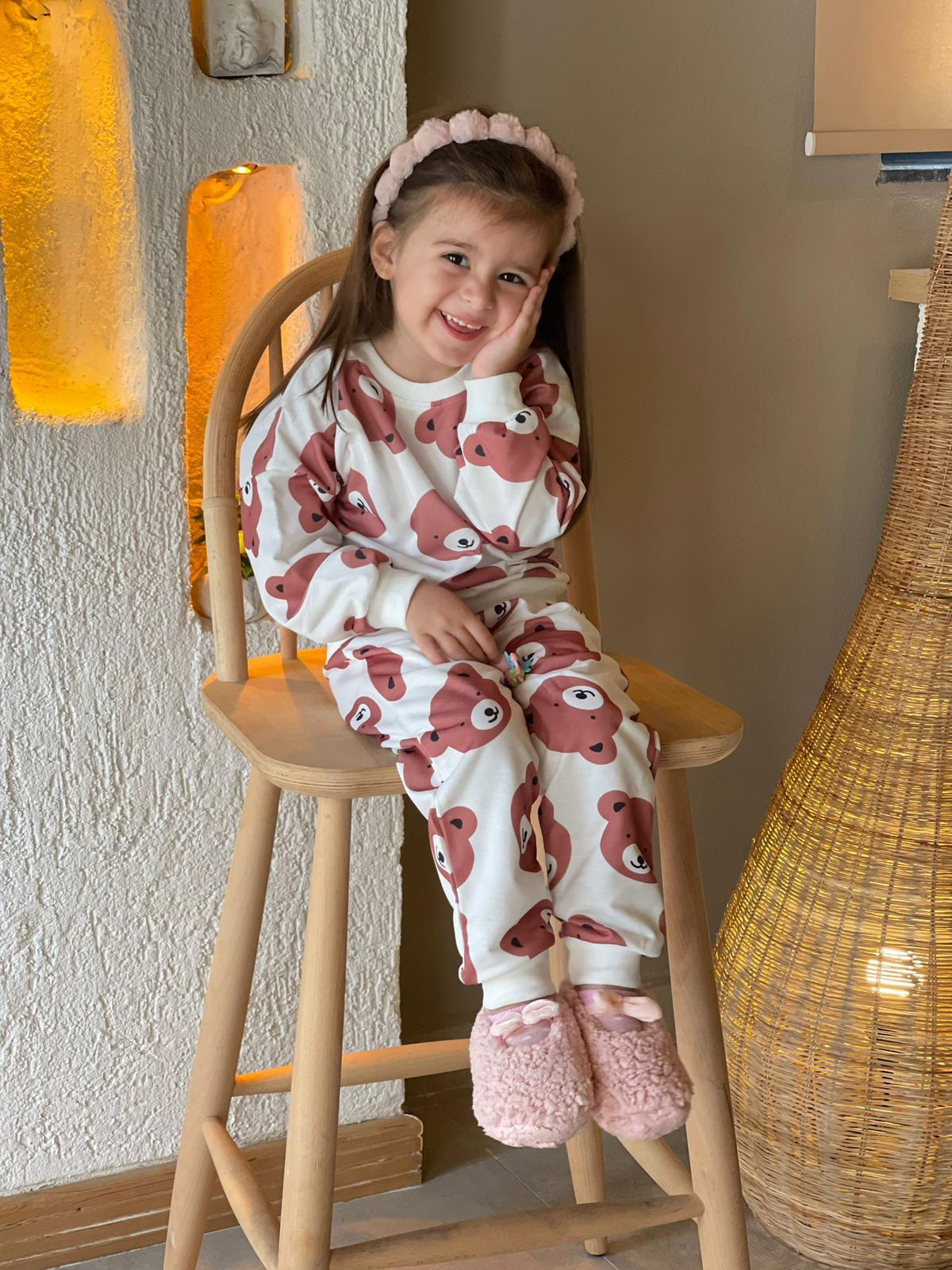 Unisex Çocuk Eşofman Takımı Beyaz Ayıcık Figürlü-Erkek Çocuk Alt Üst Takım-Bebegimindolabinda.com