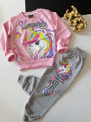 Kız Çocuk 2'li Pony Baskılı Eşofman Takımı Pembe-Kız Çocuk Alt Üst Takım-Bebegimindolabinda.com